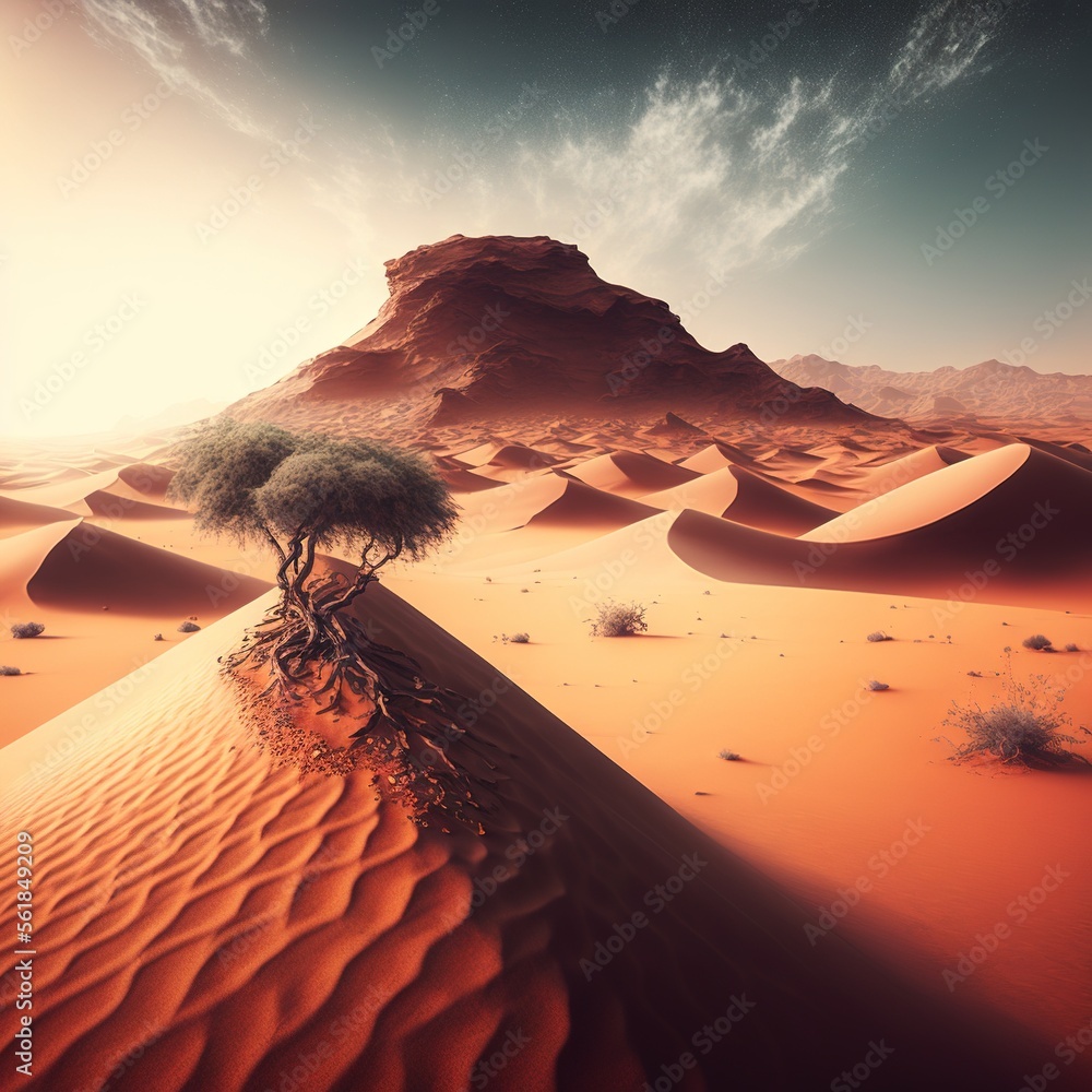 Poster a desert with a lone tree in the middle of it and a mountain in the background with a sky filled wit