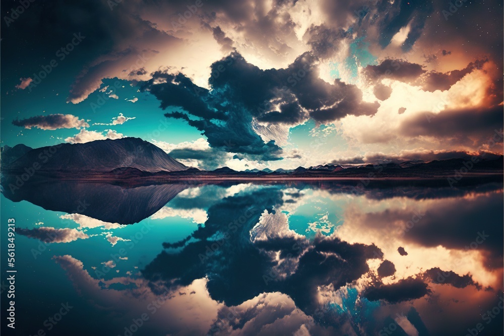 Poster a lake with a mountain in the background and clouds in the sky above it and a blue sky with white cl