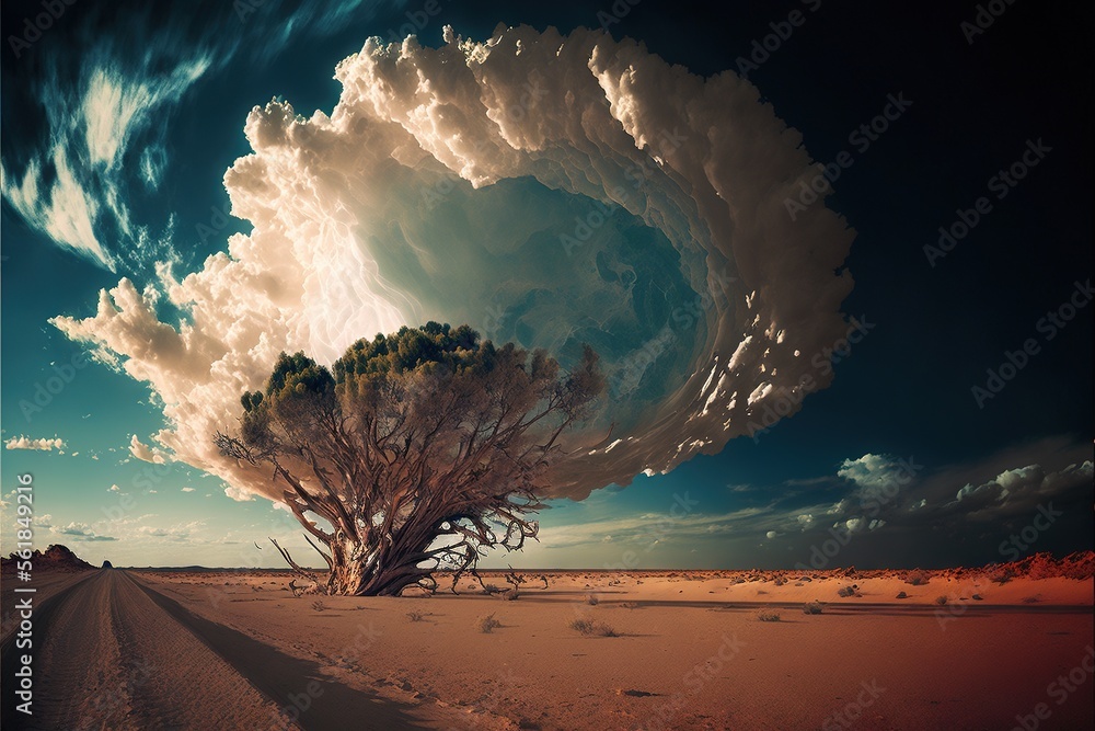 Poster a lone tree in the middle of a desert under a cloudy sky.