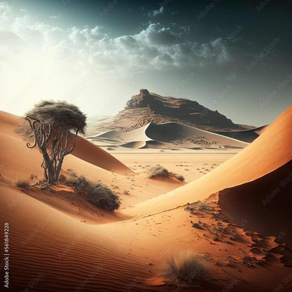 Poster a desert scene with a tree and a mountain in the distance with clouds in the sky above it and a dese