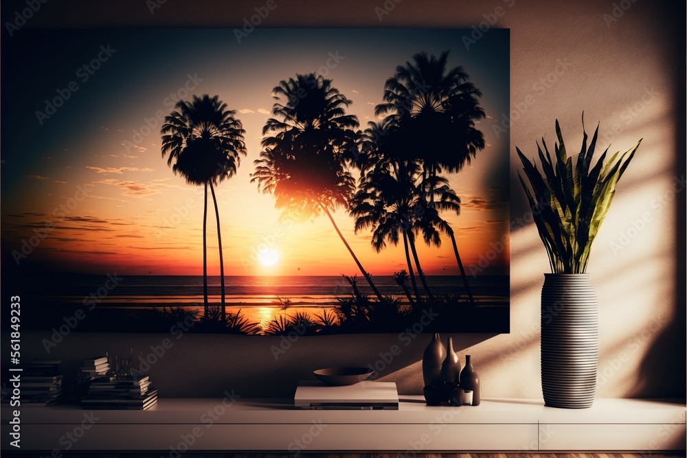 Poster a painting of a sunset with palm trees in the foreground and a book on a shelf in front of it, with 