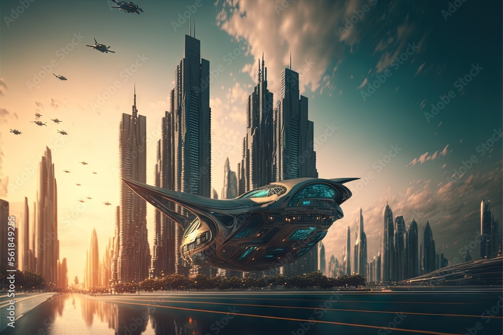 Poster a futuristic city with a futuristic flying saucer in the sky and a futuristic city in the background