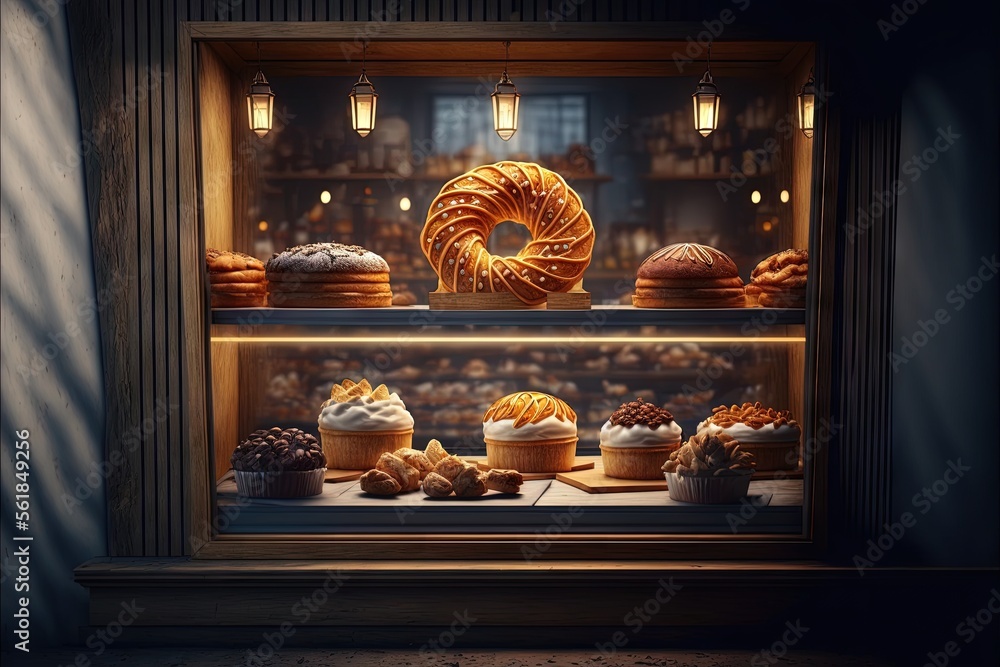 Poster a display case filled with lots of different types of pastries and donuts in a bakery window display