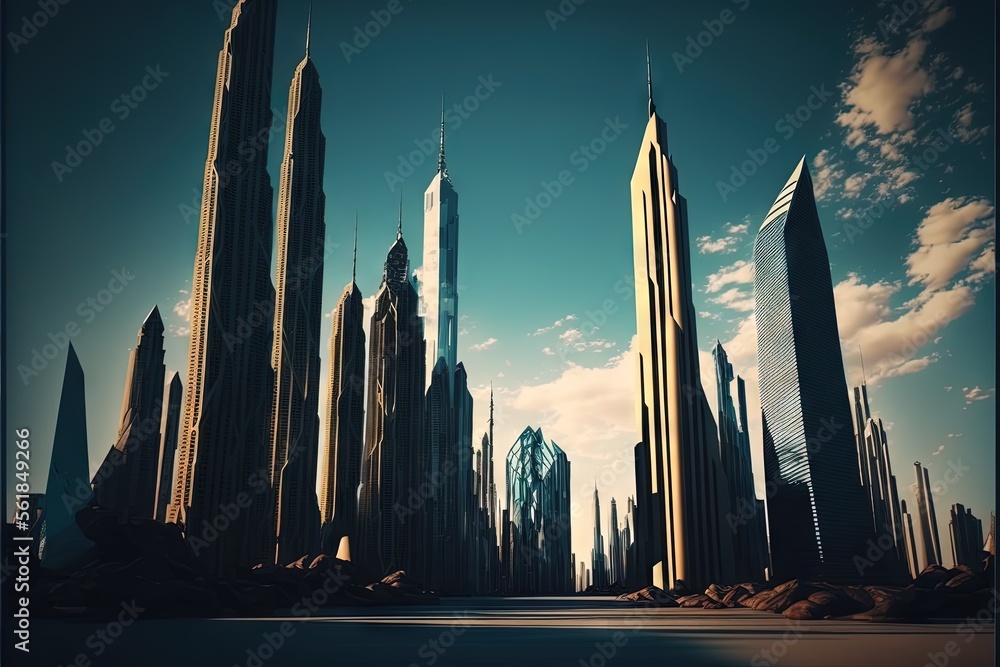 Poster a futuristic city with tall buildings and a sky background with clouds in the sky and a blue sky wit