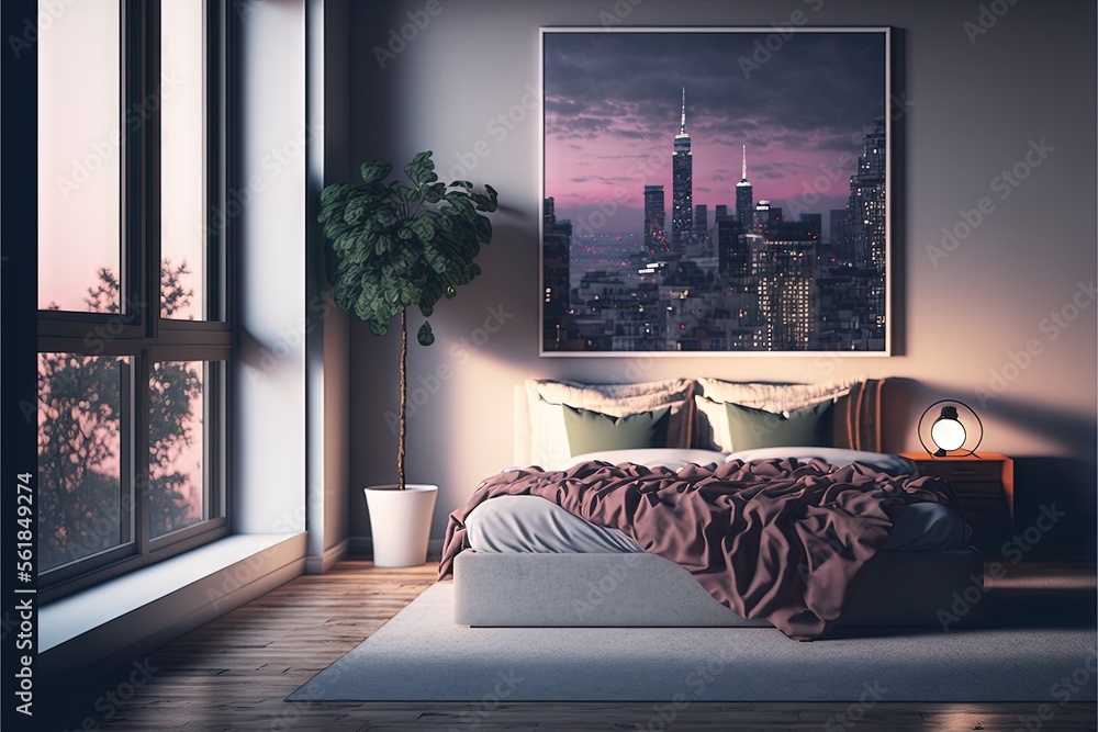 Poster a bedroom with a large window and a city view in the background, and a bed with a blanket on it, in 