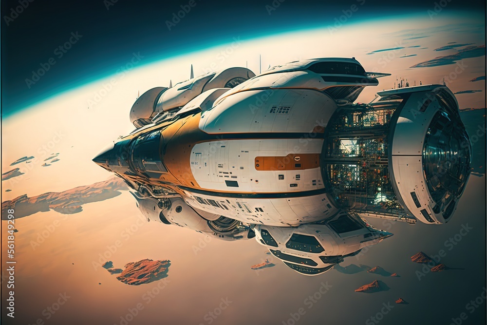 Poster a futuristic space station in the middle of a planet with a view of the city below it and a distant 