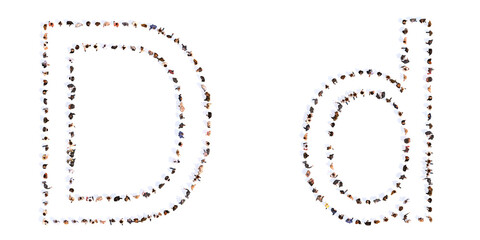 Concept or conceptual large community of people forming the font D. 3d illustration metaphor for unity and diversity, humanitarian, teamwork, cooperation, education, friendship and community