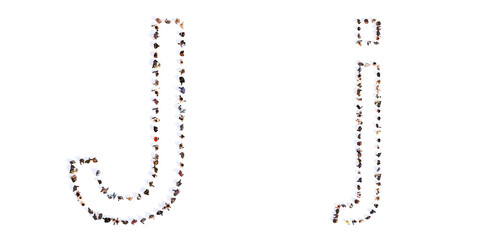 Concept or conceptual large community of people forming the font J 3d illustration metaphor for unity and diversity, humanitarian, teamwork, cooperation, education, friendship and community