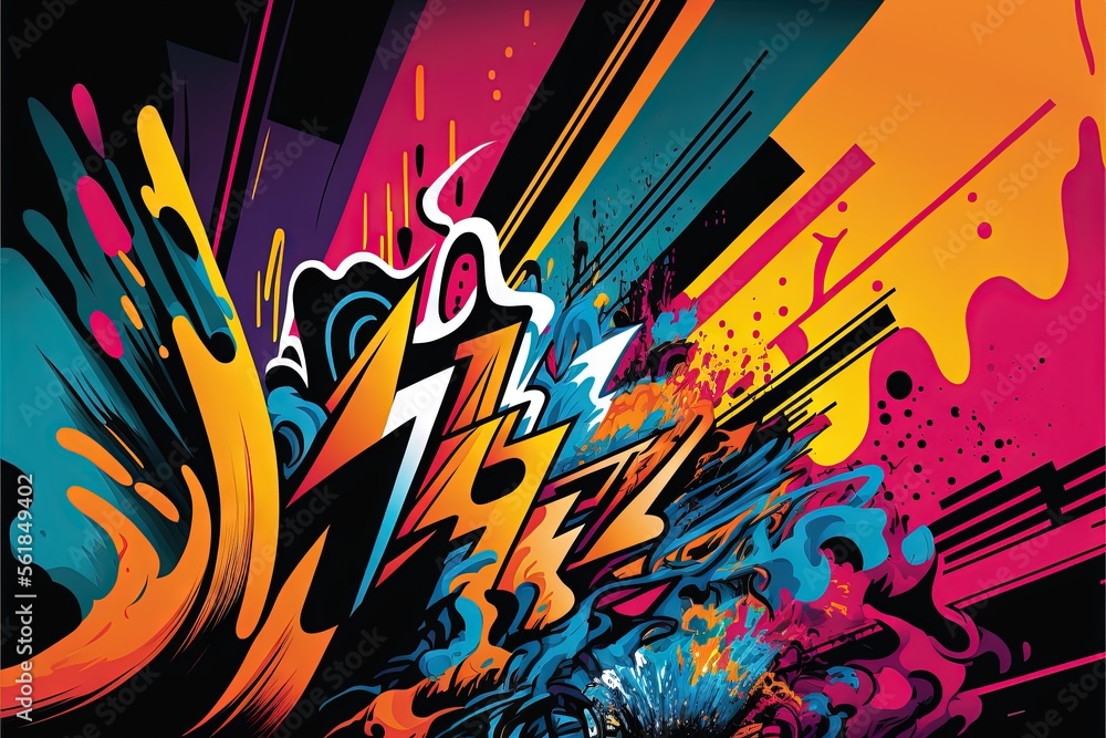 Poster a colorful abstract painting with spray paint and a black background with a black border and a white