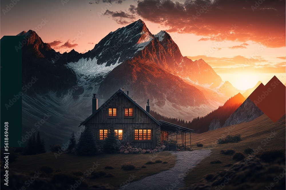 Poster a painting of a house in the mountains at sunset with a path leading to it and a mountain range in t