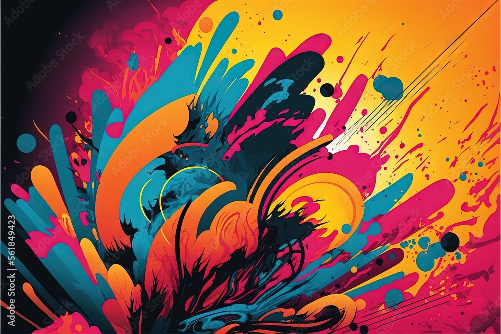 Poster a colorful abstract background with splashes and drops of paint on it, including a black background 