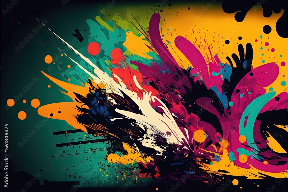 Poster a colorful background with a splash of paint on it and a black frame around it that says, paint spla