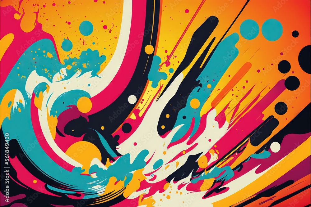 Poster a colorful abstract painting with lots of paint splatters on it's surface and a splash of paint on t