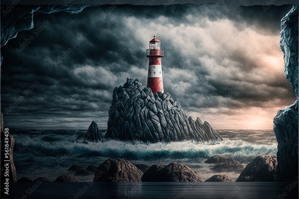 Poster a lighthouse on a rock in the ocean with a storm in the background and a dark sky with clouds above 