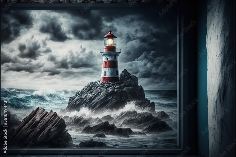 Poster a lighthouse on a rock in the ocean with a stormy sky behind it and a dark sky above it, with a dark
