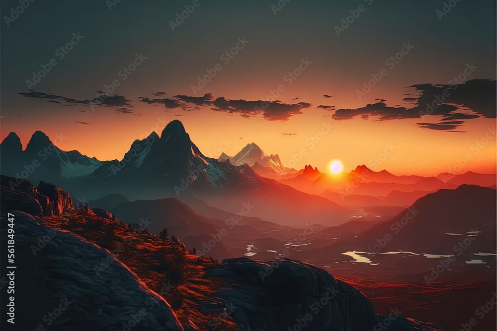 Poster a painting of a sunset over a mountain range with a river running through it and a few mountains in 