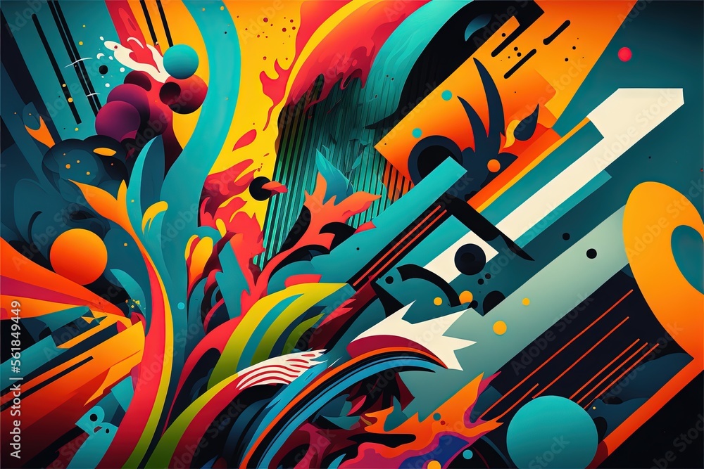 Poster a colorful abstract painting with a lot of colors and shapes on it's surface, including a bird and a