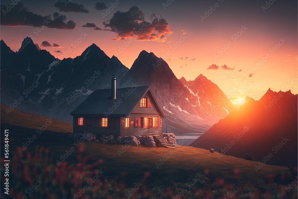 Poster a house in the mountains with a sunset in the background and a mountain range in the foreground with