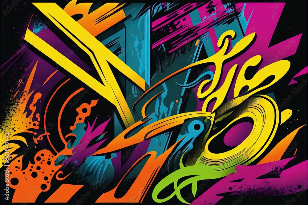 Poster a colorful abstract painting with a black background and a black frame with a yellow and red design 