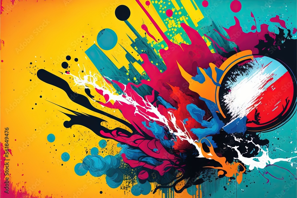 Poster a colorful abstract painting with spray paint splatters and a ball on a yellow background with a red