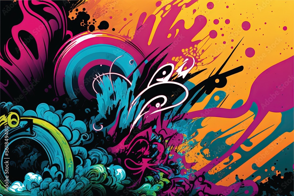 Poster a colorful background with a lot of spray paint and a clock on it's side and a clock on the wall abo