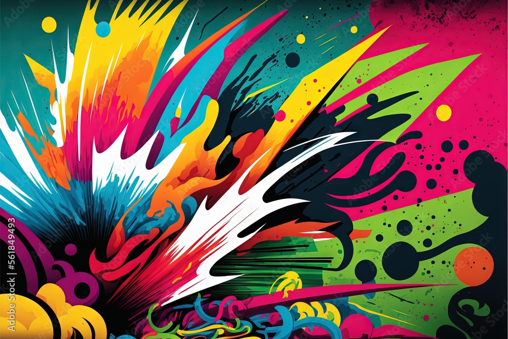 Poster a colorful abstract painting with splashes and swirls on a black background with a black border arou