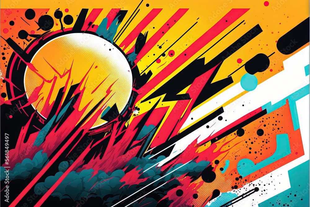 Poster a poster with a large white ball in the middle of it with a colorful background and a lot of black d