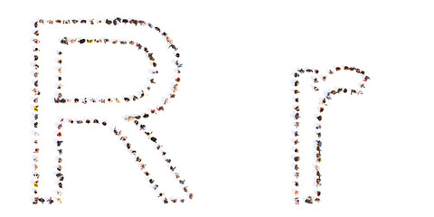 Concept or conceptual large community of people forming the font R. 3d illustration metaphor for unity and diversity, humanitarian, teamwork, cooperation, education, friendship and community