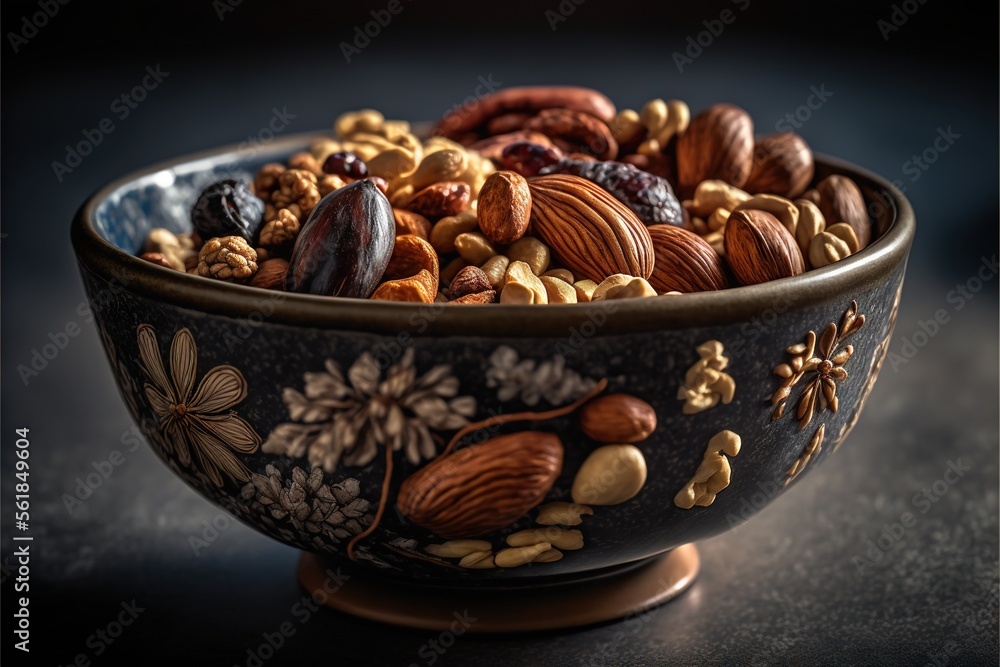 Poster a bowl of nuts is shown on a table top with a dark background and a gold border around the bowl is a