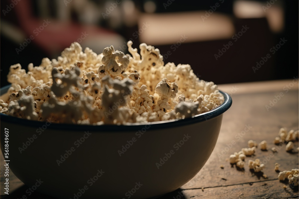 Poster a bowl of popcorn on a table with a blurry background of a couch and a table with a chair in the bac