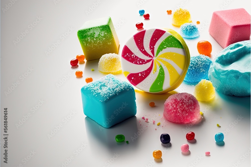 Poster a candy bar with a candy ball and candies on it's side and a candy bar in the middle of the image wi