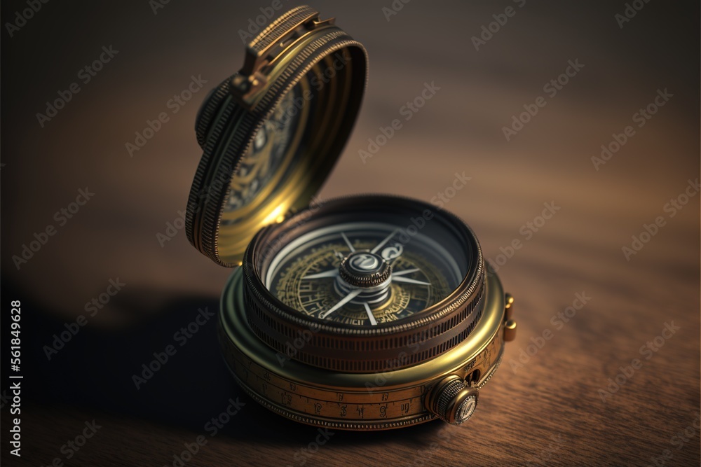Aufkleber a gold compass sitting on top of a wooden table next to a mirror on the wall of a room with a light 