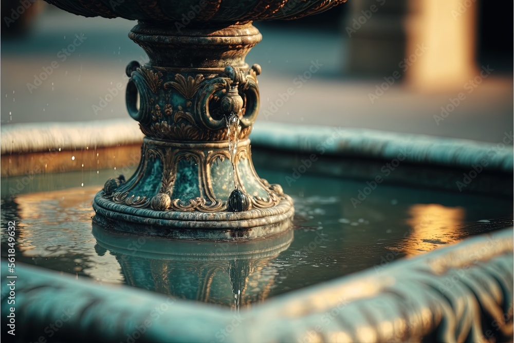 Poster a fountain with a water feature in the middle of it's sides and a building in the background with a 