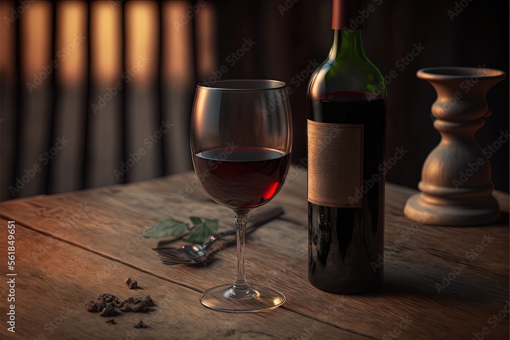 Poster a bottle of wine and a glass of wine on a table with a spoon and spoon rest on the table next to it,