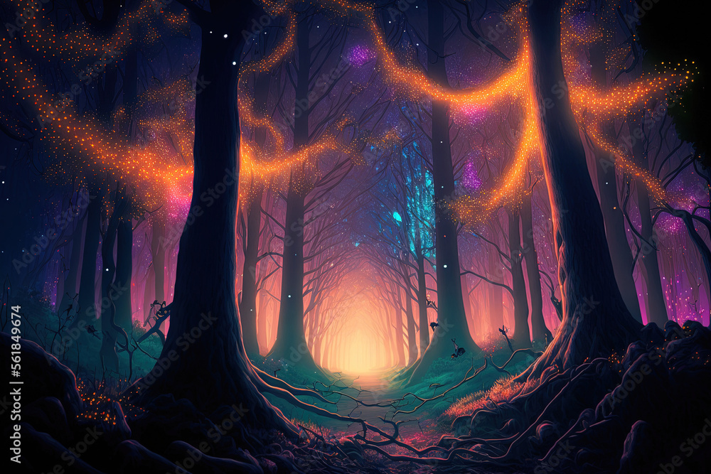 Poster fantasy forest with glowing trees and lights in the distance. generative ai