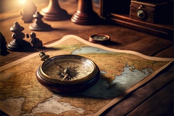  a compass on a map with chess pieces in the background and a light shining on the map behind it, with a lamp on the table in the foreground of the picture is a. generative ai