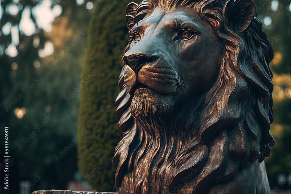 Poster a statue of a lion is shown in front of a tree and bushes in a park area with a bench and a bench in