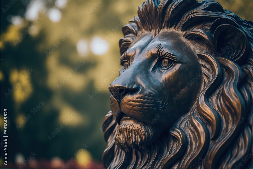 Poster a bronze lion statue with a blurry background of trees in the background and a sky background with a