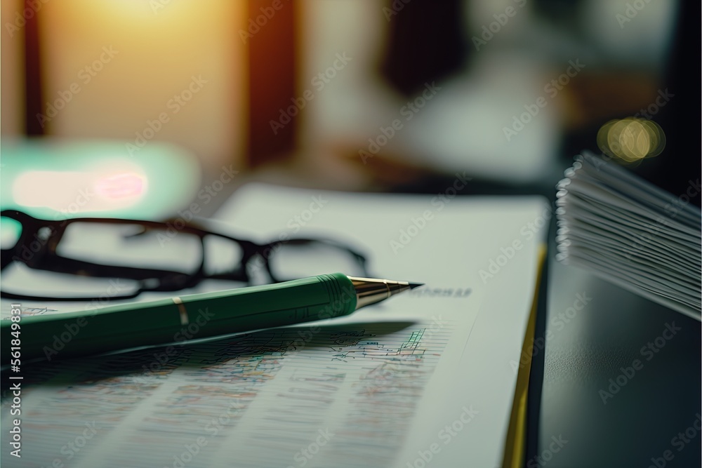 Poster a pen and glasses on top of a paper with a pen and glasses on it next to a stack of papers with a pe