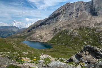 Naklejka na ściany i meble Lac Foréant et crête de la Taillante , en été , paysage du massif du Queyras , Hautes-Alpes