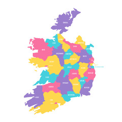Ireland political map of administrative divisions - counties and cities. Colorful vector map with labels.
