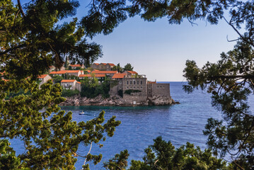 Fototapeta na wymiar View with Sveti Stefan islet on the Adriatic coast in Montenegro
