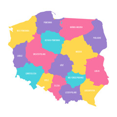 Poland political map of administrative divisions - voivodeships. Colorful vector map with labels.