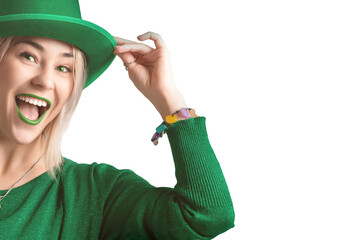 St. Patrick's Day celebration. Beautiful smiling woman wearing green hat. Green eye woman.
