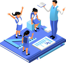 A group of young girls students in school uniform and a male teacher standing on top of a book. Playful design of teenagers in celebrating pose. An isometric illustration of people. - 561850828
