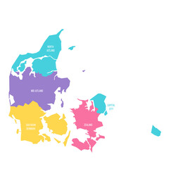 Denmark political map of administrative divisions - regions. Colorful vector map with labels.