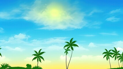 Naklejka na ściany i meble Tropical beach with sunbathing accessories, summer holiday background.