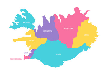 Iceland political map of administrative divisions - regions. Colorful vector map with labels.