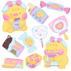 Yellow chick with sweets dessert chocolate cotton candy 