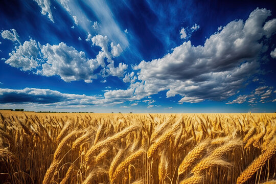 Field of Golden wheat under the blue sky and clouds. Generative AI